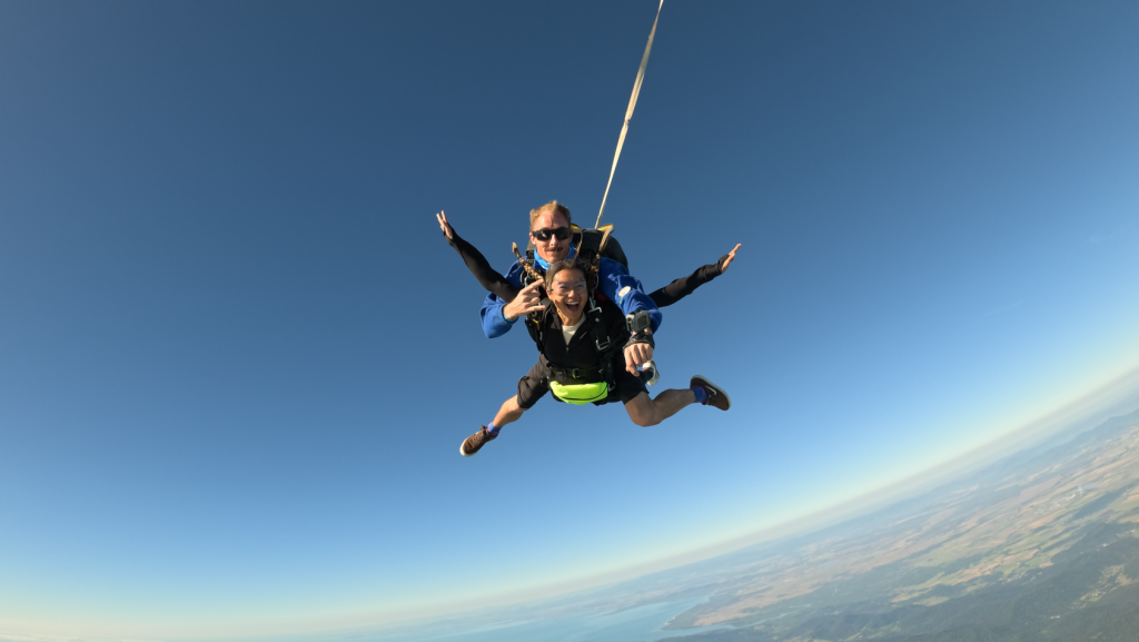 Traveller Sharon during freefall tandem skydive at Skydive Airlie Beach
